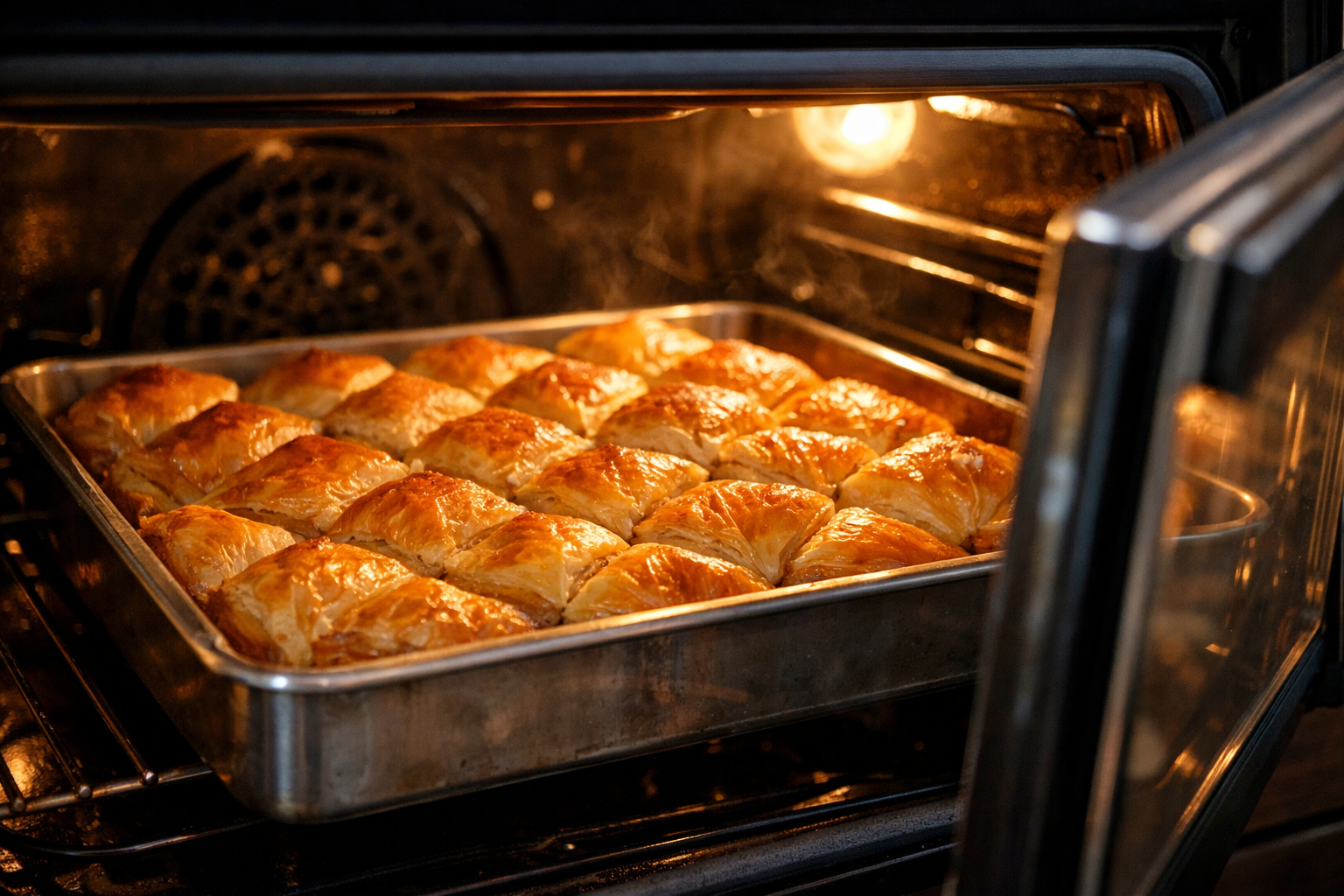 Fırında pişmekte olan baklava tepsisi