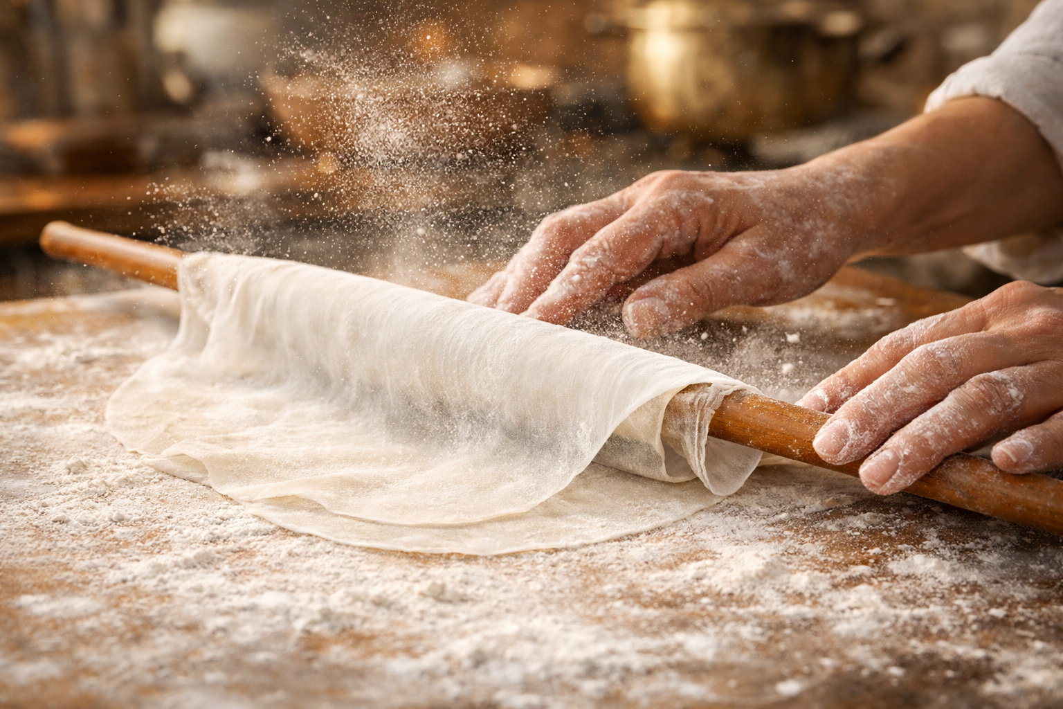 Oklava ile ince açılmış baklava yufkası