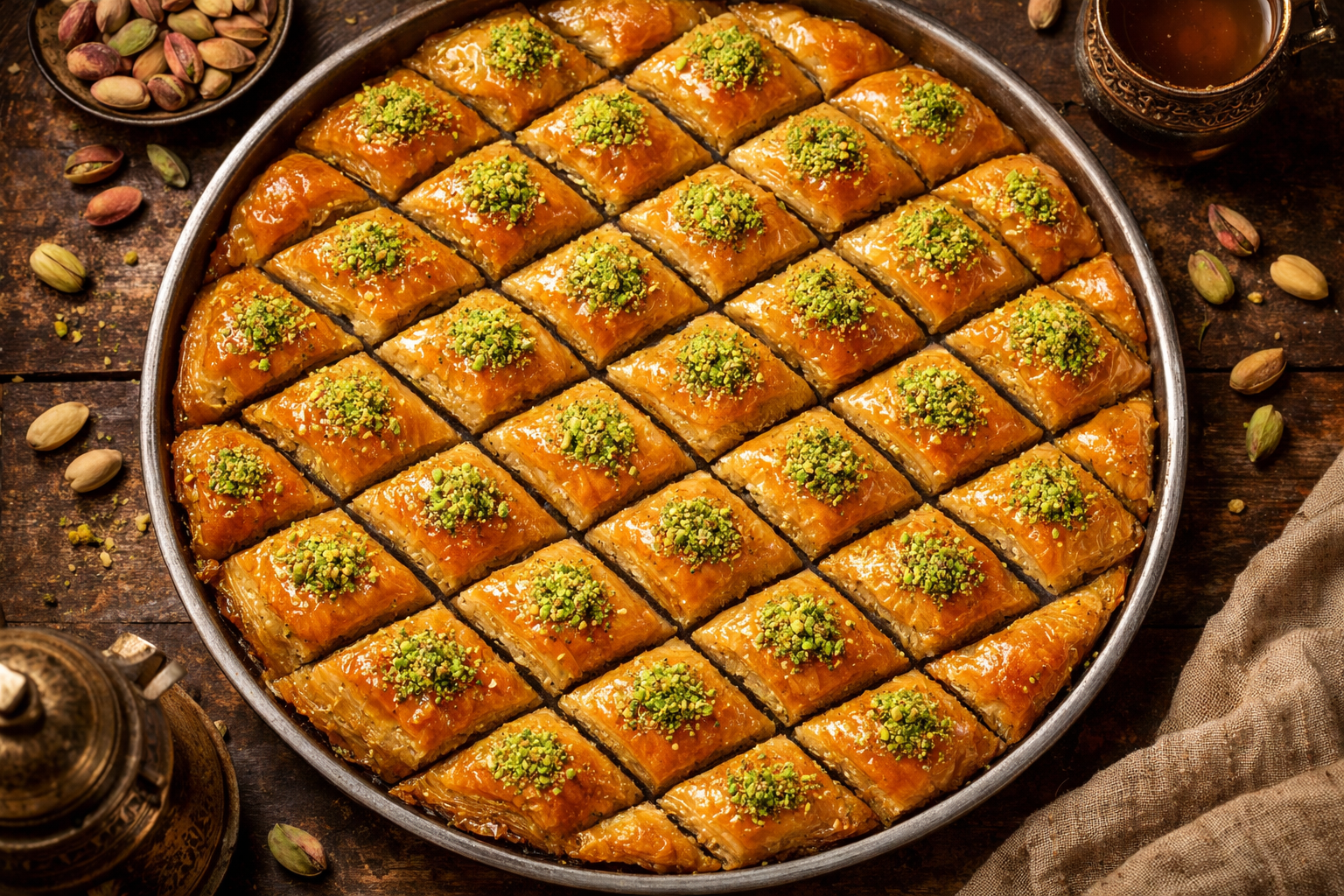 Tepside dilimlenmiş geleneksel baklava