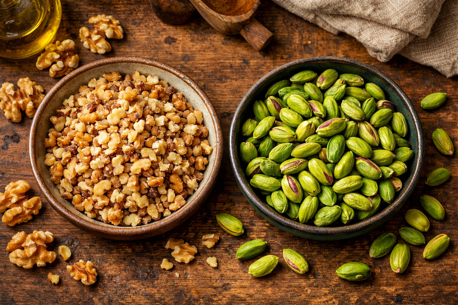Çekilmiş ceviz ve Antep fıstığı kaseler içinde