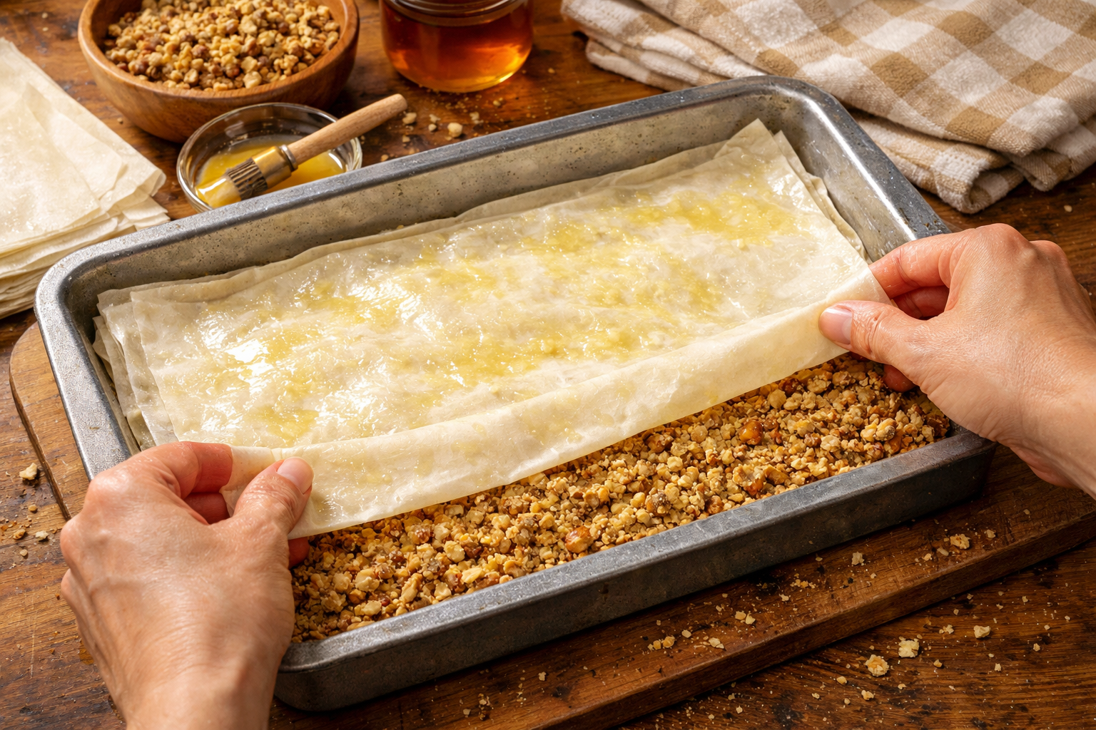 Tepsideki baklava katmanları ve araya serilen iç harç