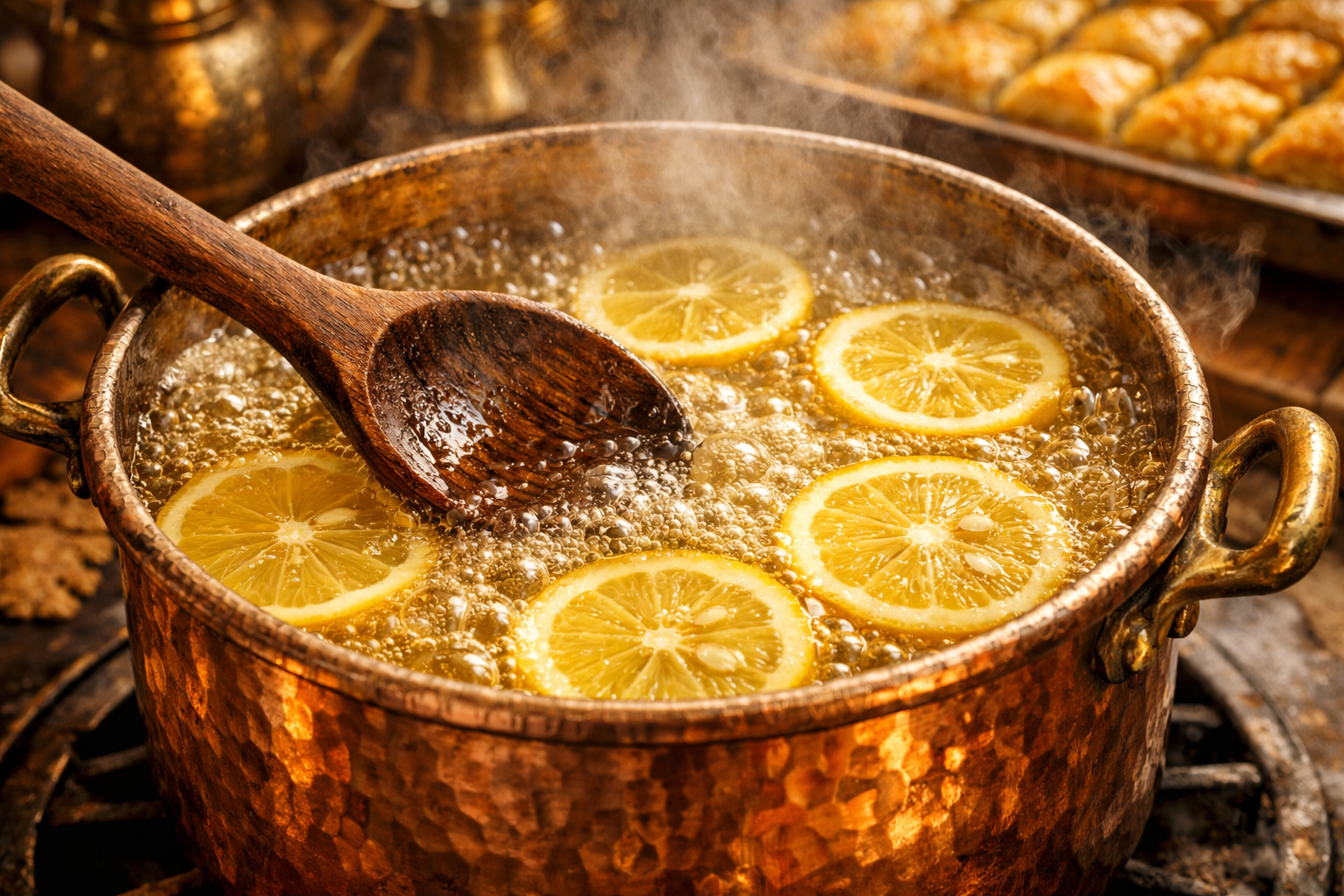 Tencerede kaynayan baklava şerbeti ve limon dilimleri